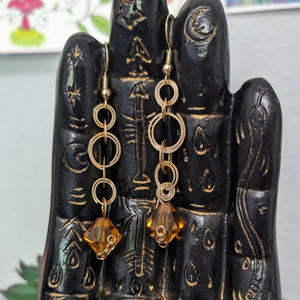 Gold & Czech Glass Earrings Mini Hoops Spiral Amber Artisan Wrapped Cute Unique - Picture 7 of 7